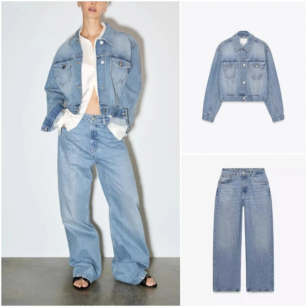 

Punk Sle Water Diamond Decorated High Waist Denim Jaet And Pants Set Long Sve Button up Faionable Spring Outfit