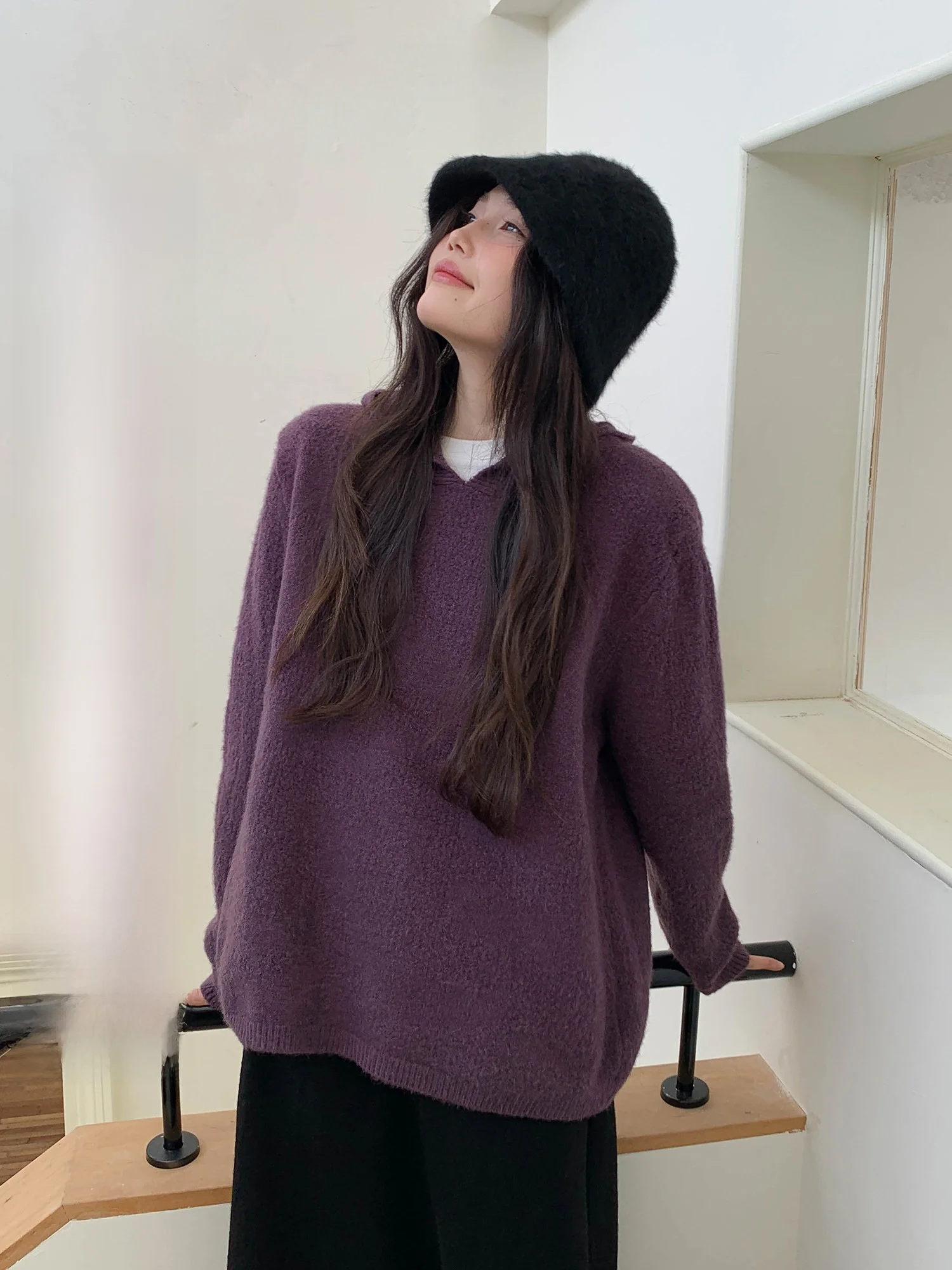 

Loose Women's Thiened Knitted Hat Sweater Winter Warm Cozy Sle Pure Color V-ne Casual Loose Fit Full Sve Turtlene