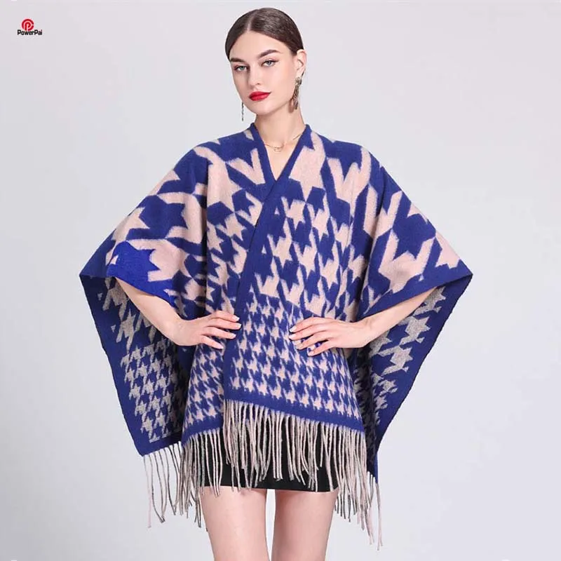 

Fashion Houndstooth Plaids Imitate Cashmere Shawl Cape Autumn Winter Long Tassels Cardigan Cloak Scarf Women Wraps Big Tippet