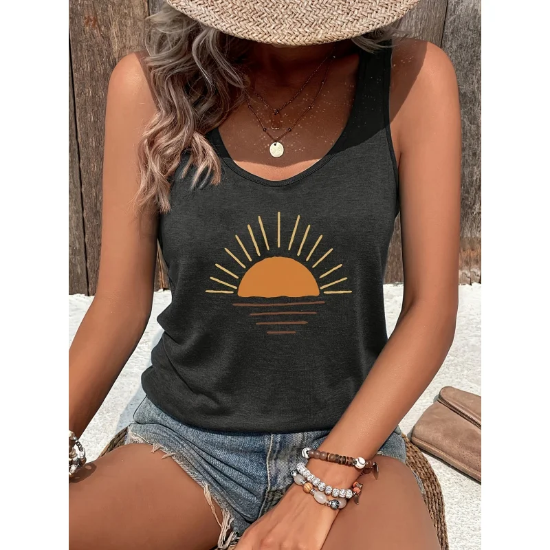 

Stylish Women's Sleeveless Top with Ray Print - Soft Polyester Blend, Round Neck, Casual Summer Wear, Washable