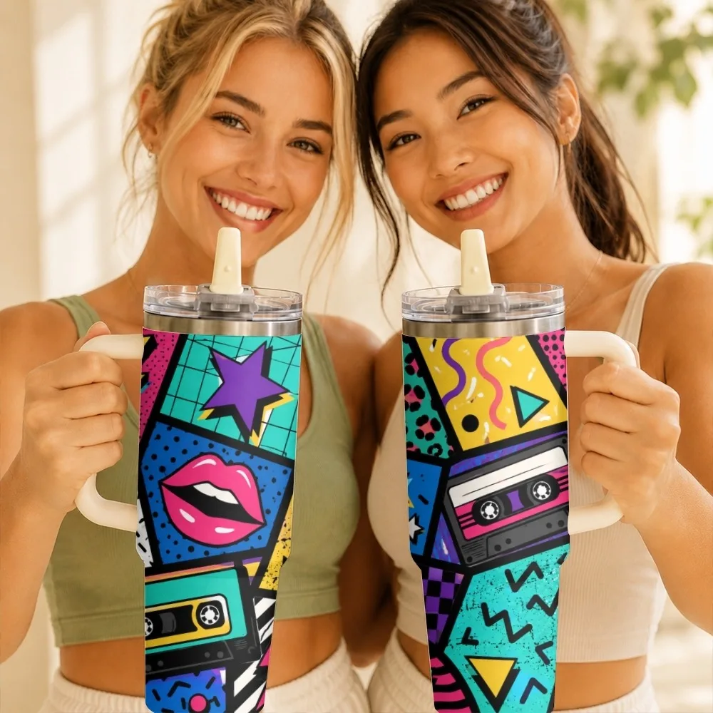 Colorful Pop Art Shapes Vacuum Flasks 40oz Thermal Tumbler with Handle Stainless Steel Vacuum Insulated Water Portable Mug Cup
