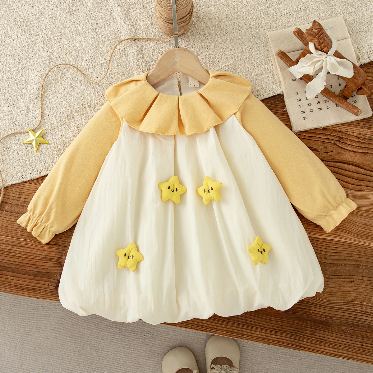 Baby Girl Long Sleeve Dress Yellow Ruffle Collar 3D Star Decor Toddler Dress for 0-3Y Spring Casual Daily Outfit