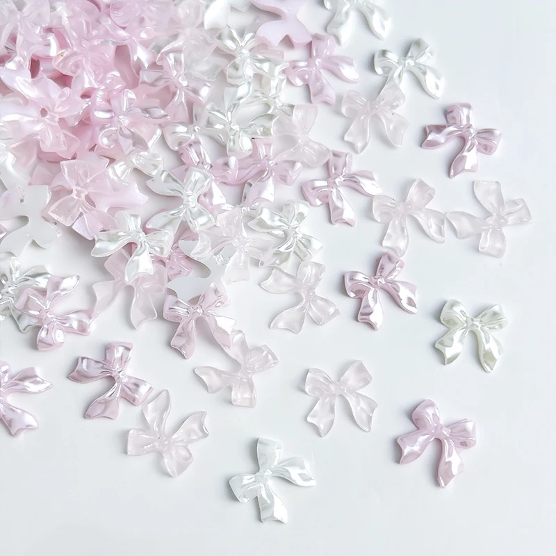 50pcs Pearl Color Ribbon Bow Nail Art Charms Pearly White Glossy Bows Decoration Ballerina Tie Nails Art Salon Accessories