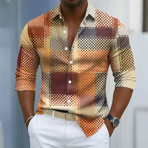Men's Geometric Color Block Grid Plaid Patterns Shirt Button Up Shirt Long Sleeve Fashion Casual Fall 3D Print Collared Shirts