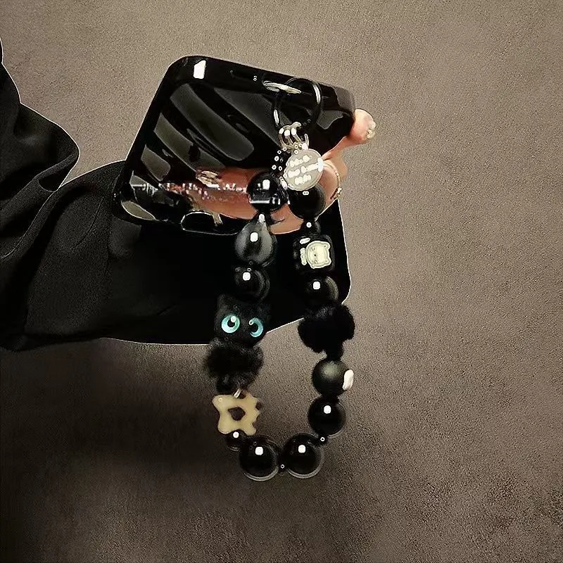 Niche Luxury Black Fluffy Cat Mobile Phone Strap with Beaded Handle Chain Wrist Anti-Theft Clip Bag Accessory