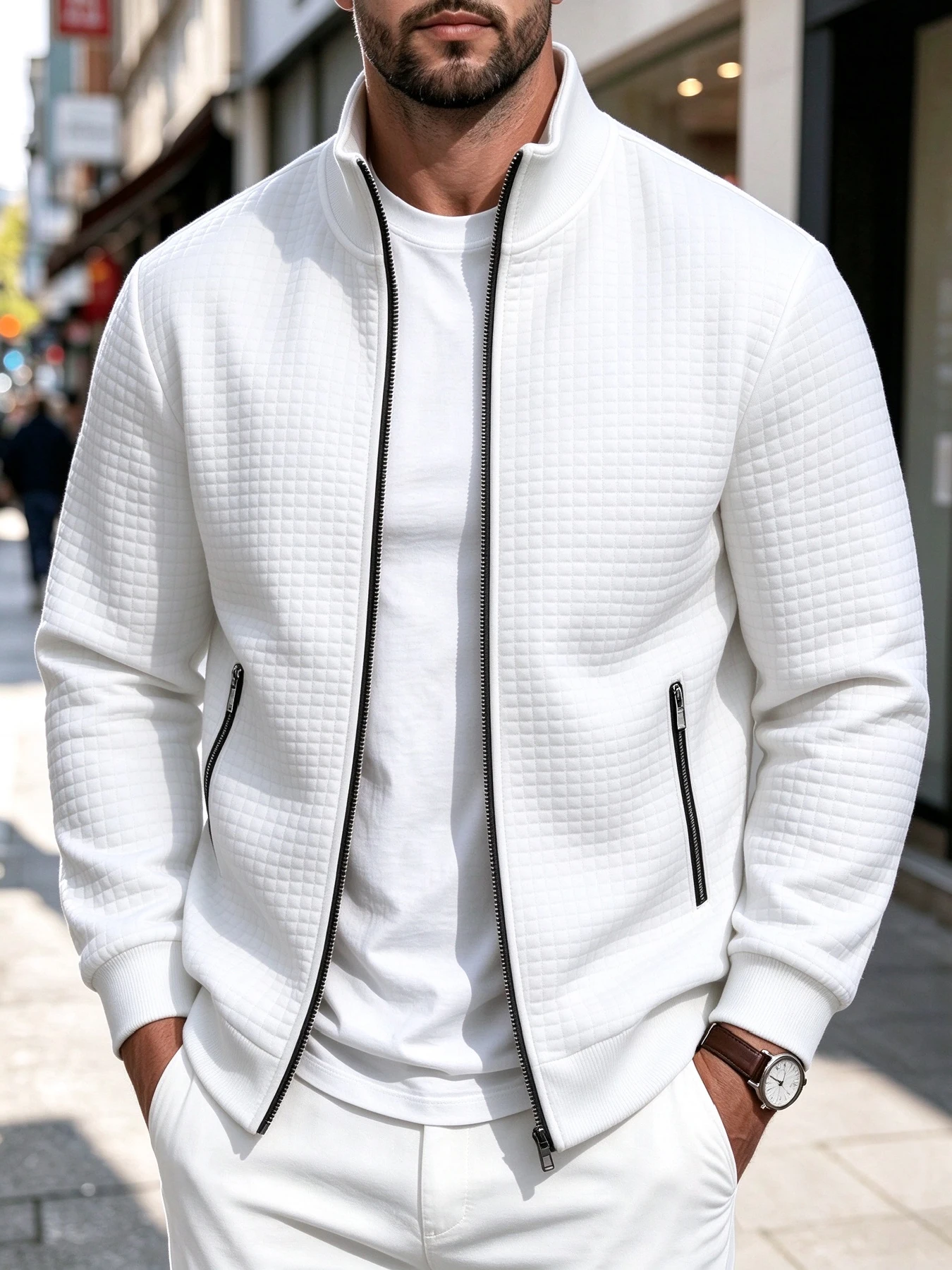 Men's Grid Stand Collar Zip Coat, Vintage Cleanfit Style, 3D Quilted Fabric with Full Zipper Placket, Ribbed Cuffs & Hem Loose F