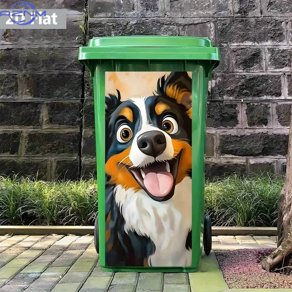 2D Flat Playful Border Collie Trash Can Sticker – Waterproof, Cheerful and Lively, Dog-Themed, Bin Decoration, Expressive Cart