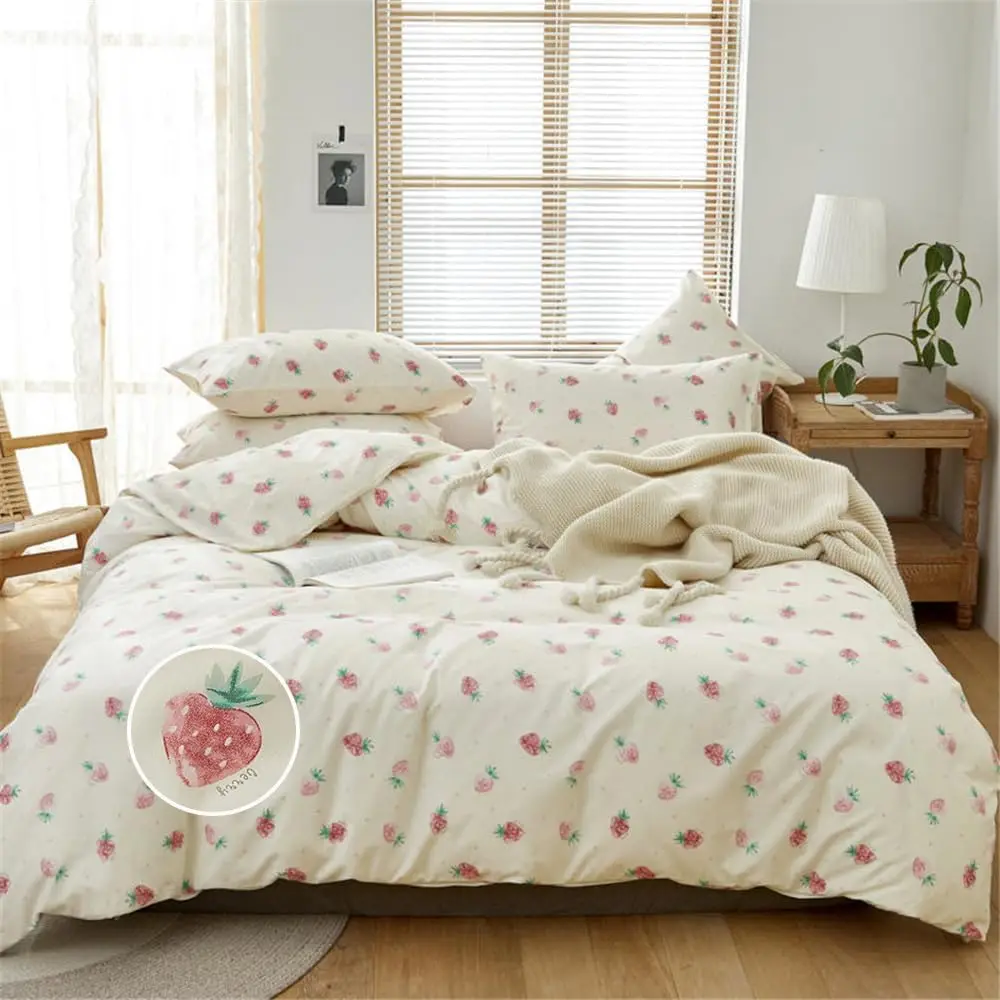 

Cute Strawberry Duvet Cover Queen Teen Girls Bedding Set Kawaii Decor Cotton Lightweight 3 Piece with Zipper