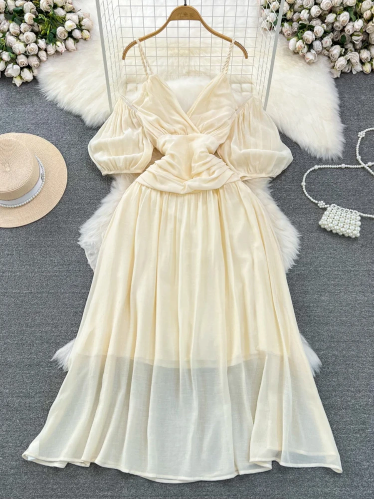 Beach Dress for Women clothing V-neck Pleated A-line Chiffon Wedding Suspender Dress for Seaside Vacation Dresses Streetwear