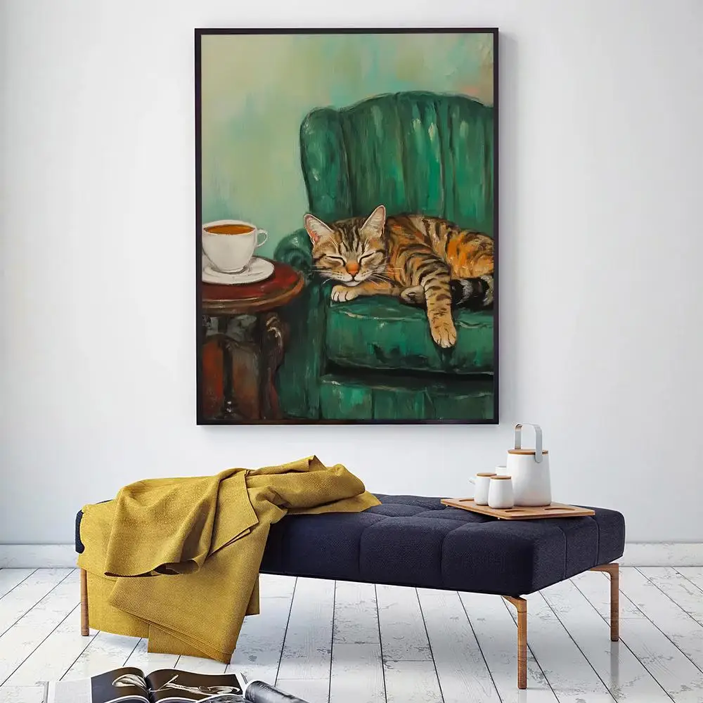HD Retro Tabby Cat Wall Art Poster Green Armchair Oil Painting Vintage Feline Illustration Classic Living Room Bedroom HomeDecor