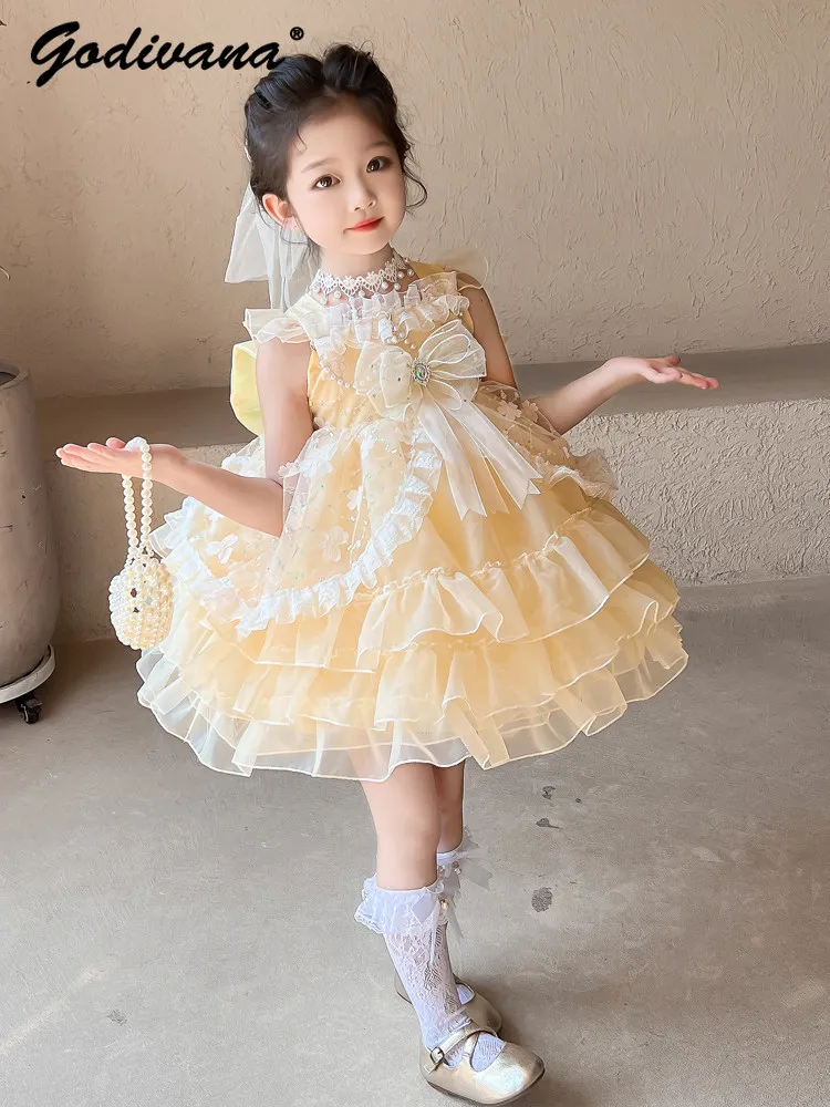Sweet Baby Girls Summer New Tulle Suspender Lolita Princess Dress Childrens Mesh Lace Tail Birthday Party Ruffle Cake Ball Gown