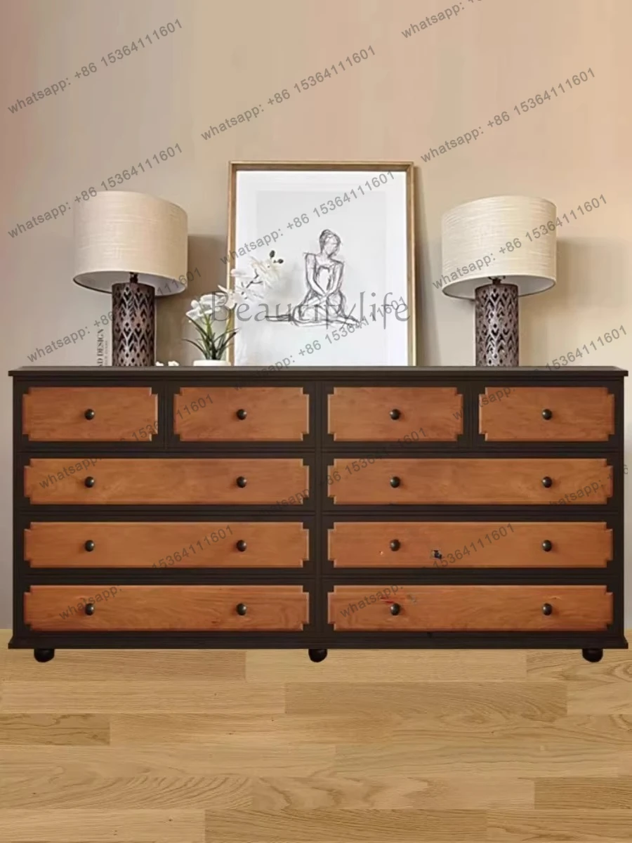 French retro solid wood ten-drawer cabinet medieval color matching decorative storage cabinet