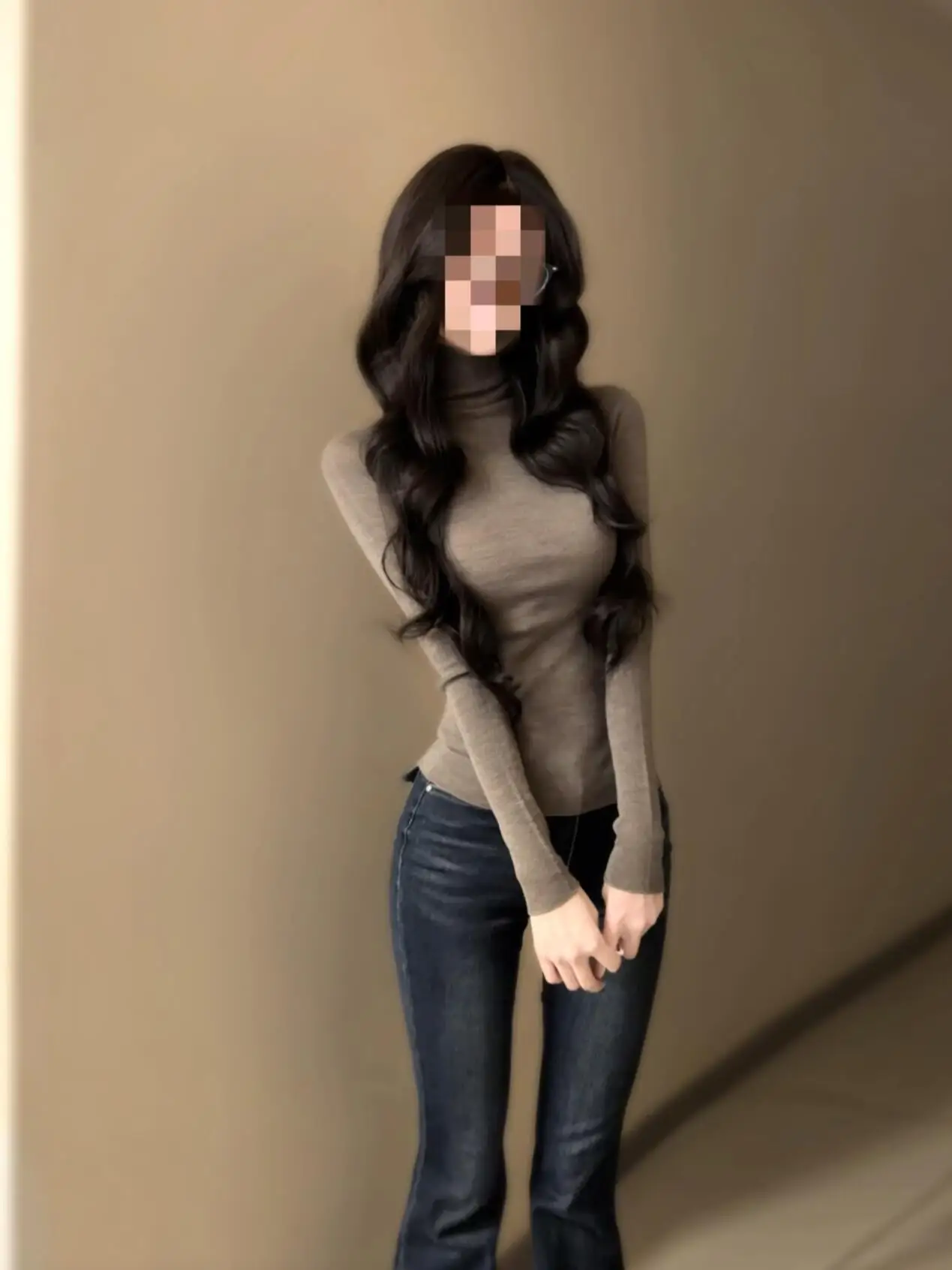 

Brown High Collar Long Sve T-irt Women's Autumn Winter Slim Fit Vintage Inner Wear Base irt Top High Quali Polyester...