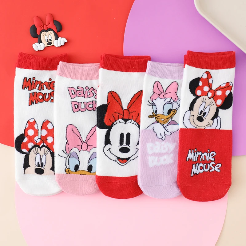 5 Pairs of Disney Sweet and Cute Minnie Mouse and Daisy Duck Cartoon Printed Cotton Medium Socks for Women Sweet Casual Socks