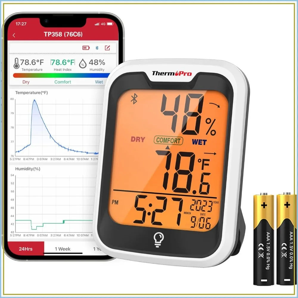 

Smart Bluetooth Thermometer with Humidity Sensor, 260Ft Range, Data Export, Backlit Display