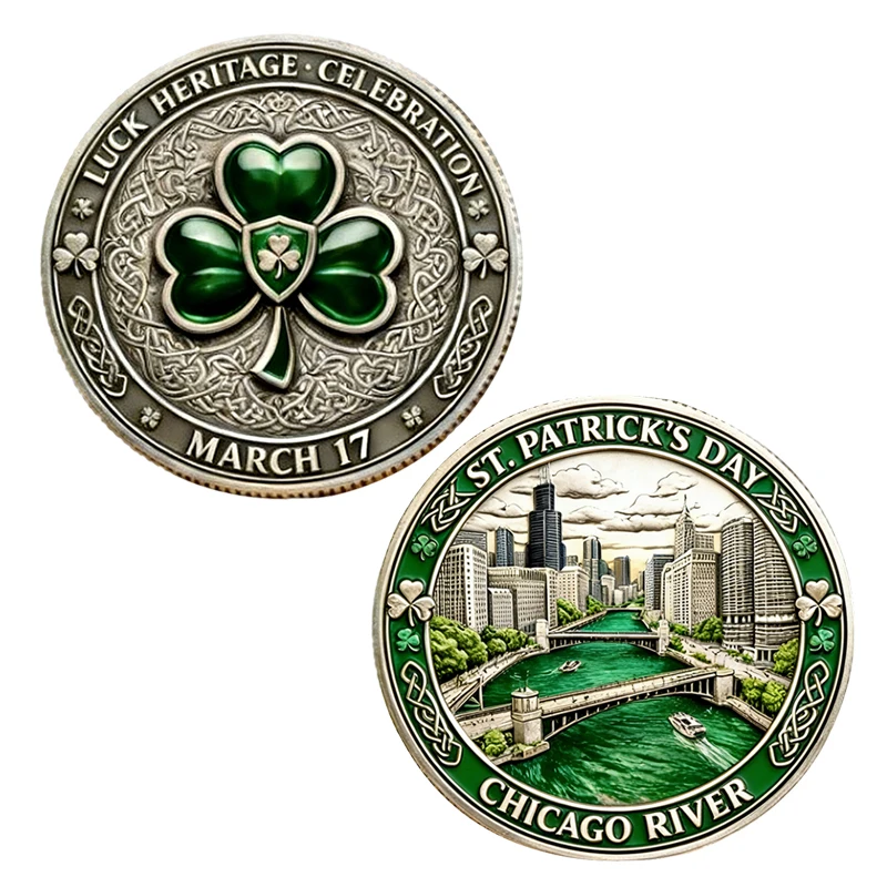 St. Patrick's Day Chicago River Green Coin Shamrock Luck Heritage Challenge Coin March 17 Commemorative Collectible