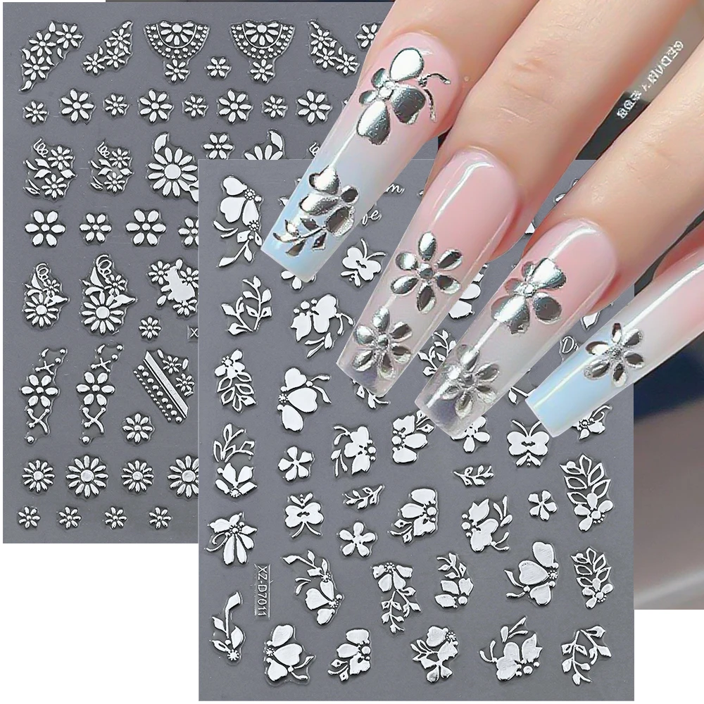 1 Stück 3D Metallic Silber Französisch Streifen Linie Nagelaufkleber Y2K Stern Mond Schlange Selbstklebende Abziehbilder Blumen/Schleife/Liebesherz Maniküre Schieber