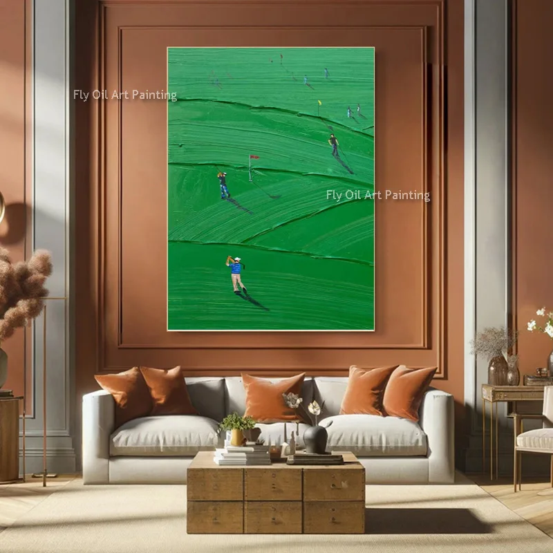 Light Green And Beige Set Of Two Canvas Thick Oil Painting Handmade New Popular Deep Green People Playing Golf Wall Art Decor