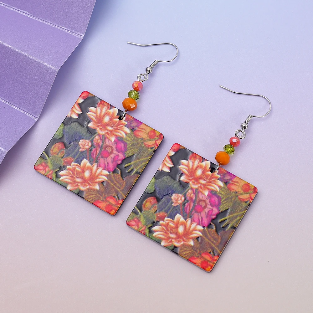 Gorgeous Colorful Square Relievo Printing Flower Pattern Acrylic Earrings For Women Vintage Style Trending Product Girls Jewelry