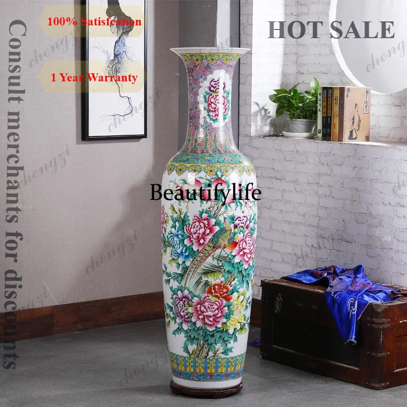 B567 Jingdezhen hand-painted floor-to-ceiling vase housewarming hotel opens Chinese-style living room pastel flowers bloom wealt