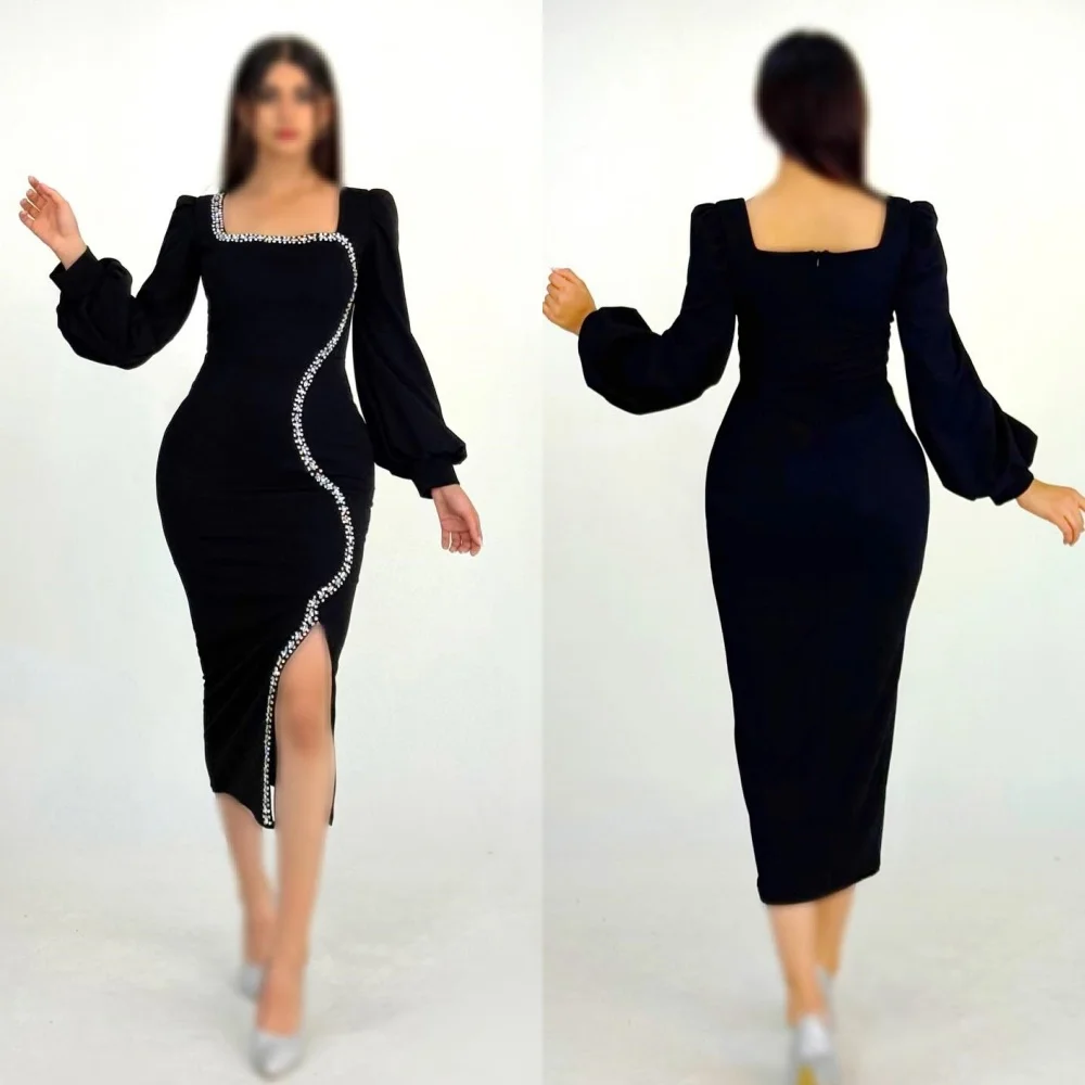 Customized Formal Simple Jersey Rhinestone Pleat Sheath Square Neck Midi Dresses Bespoke Occasion Dresses High Quality Fashion