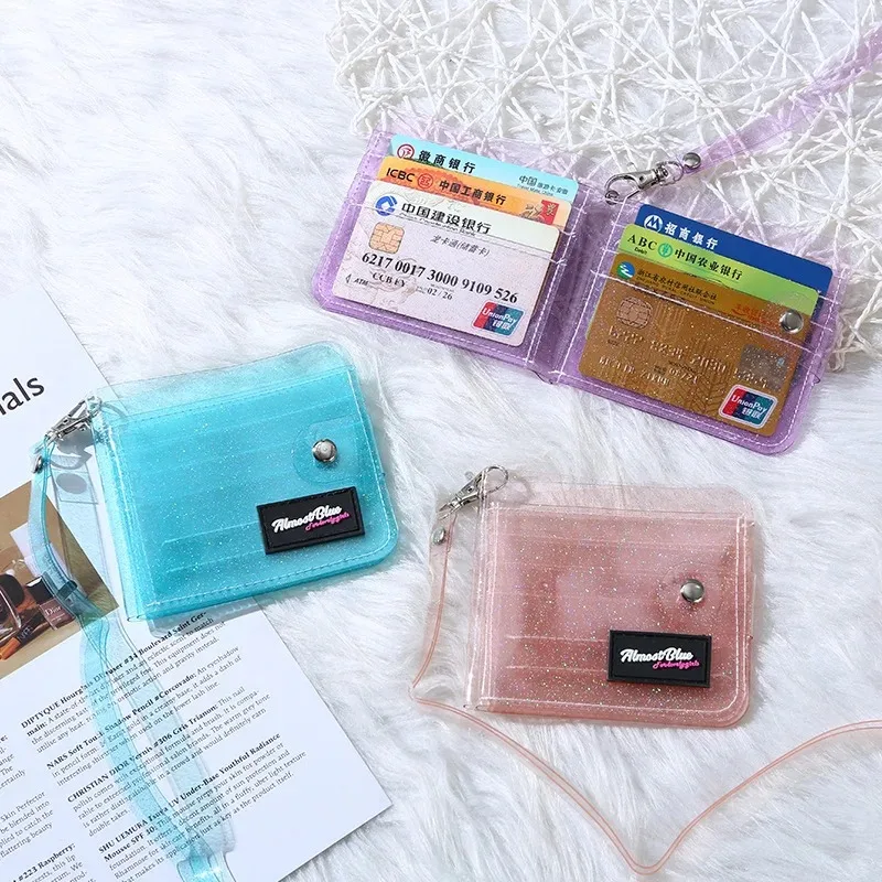 Transparent Waterproof Folding Wallet Small Credit Card Purse Business ID Mini Photo Card Holder Pouch With Neck Strap Gift