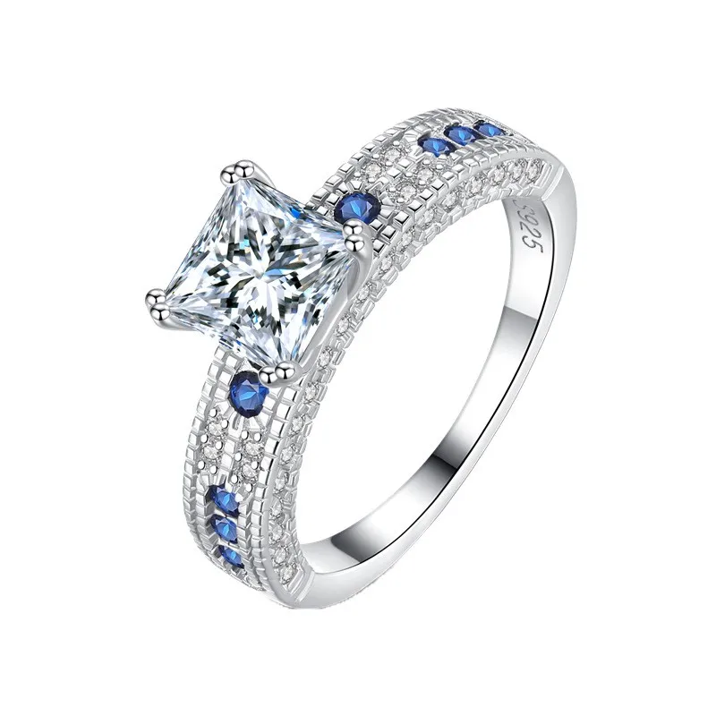 

MSZJZ0013 Lefei Fashion Luxury Trendy Color D Classic Blue Moissanite Square Ring For Women s925 Silver Elegant Wedding Jewelry