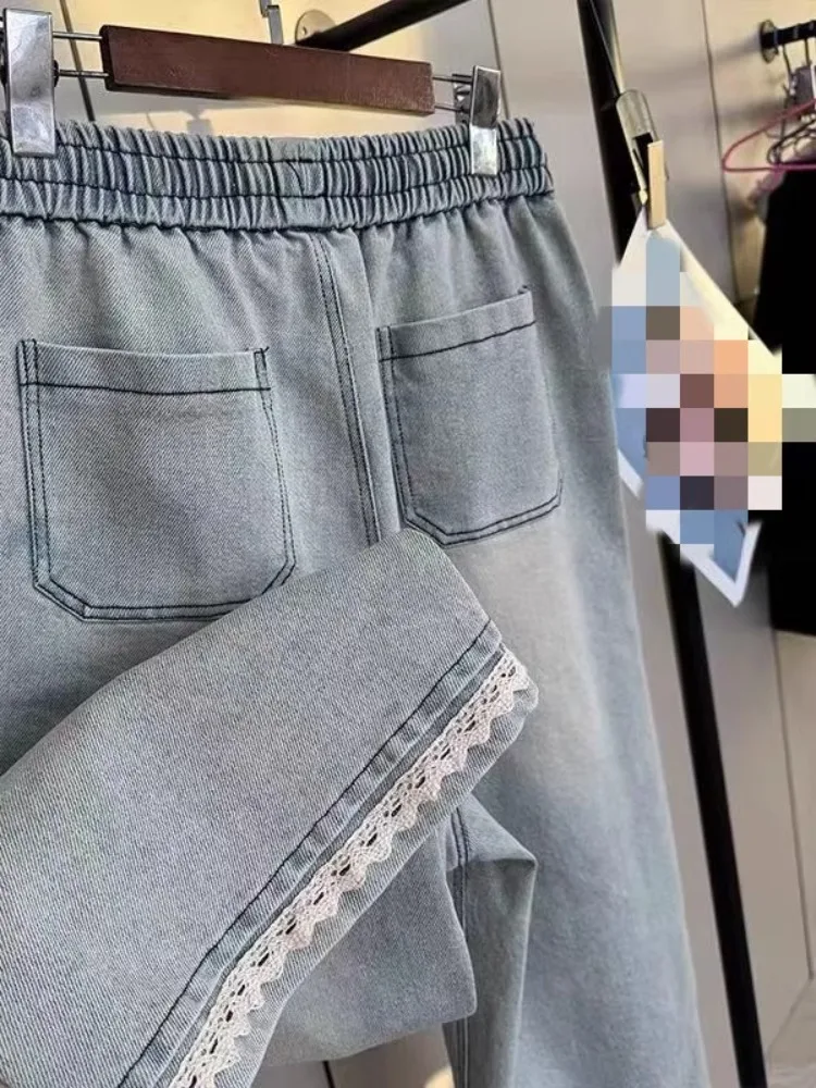 الربيع الصيف أزياء خمر الجينز النسائية نوعية جيدة مرونة الخصر الرباط لطيف التطريز الدانتيل خليط الساق الدنيم السراويل