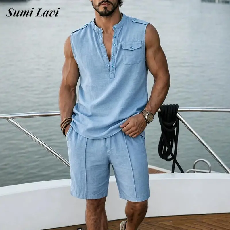 ホリデービーチカジュアルメンズルーズリネンツーピーススーツ夏のヴィンテージノースリーブボタンベストとショーツ男性セットファッション衣装