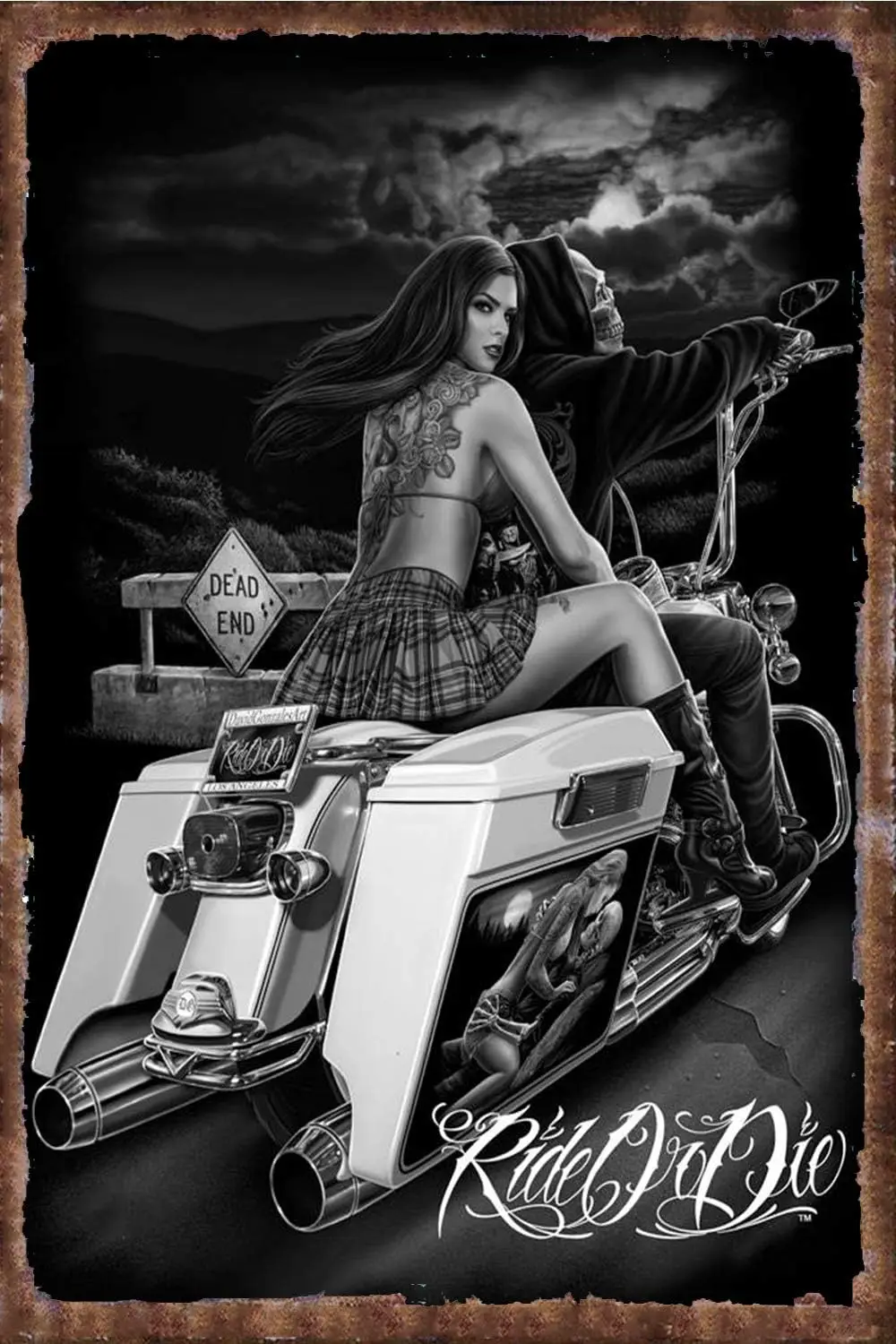 Vintage Metal Sign Ride or Die Motocycle Riding Pin Up Girl Tin for Home Farmhouse Farm Country Chicken Coop Kitchen Bar Club Pu