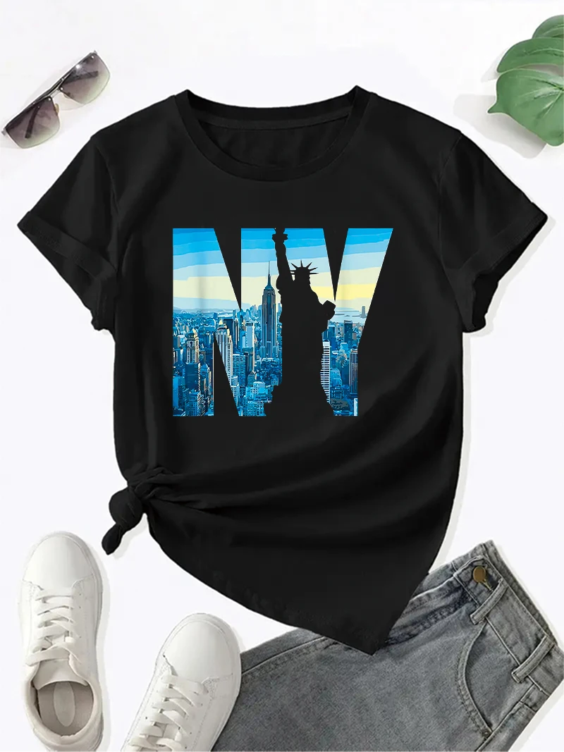 New York Free Muse Print T-Shirt Summer Spring Short Sleeve Crew Neck Casual Top Women's Clothing