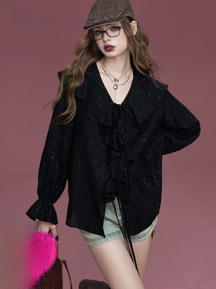 

Ele Silver antung irt V-Ne Женская мода Повседневная свободная посадка Длинная све с кружевной отделкой Осенняя одежда Винтаж Сле