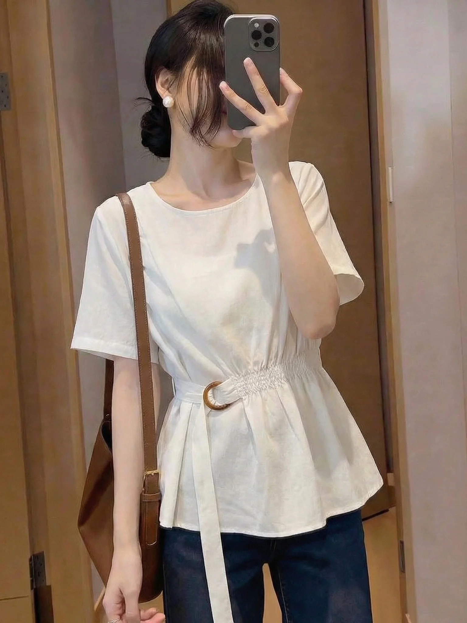 

Women's Design Sensation Short Sleeve Shirt Spring Summer New plus Size Cover Belly Waist Inward Irregular Top Commute Style