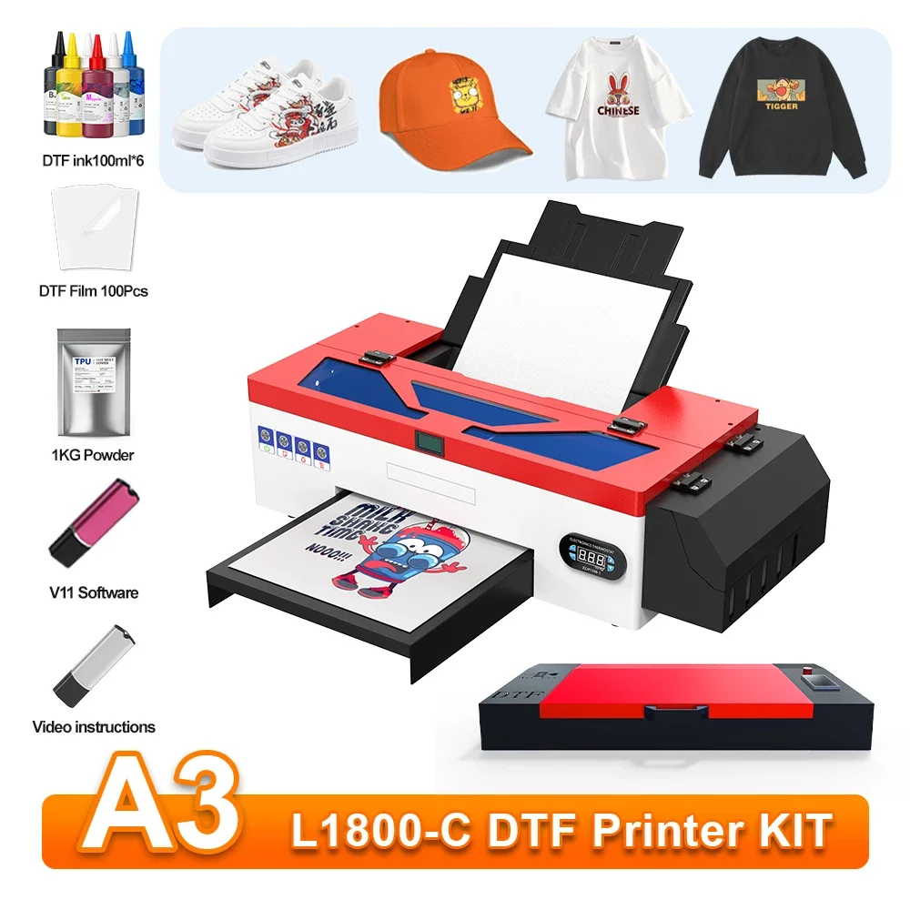 A3 DTF Printer A3 L1800 DTF Transfer Printer with Roll Feeder for T-shirt Hat Jeans Bags A3 DTF Direct to Film Printer