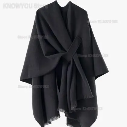 Women Solid Color Faux Cashmere Cape Shawl with Strap Versatile Warm Cloak Outerwear Elegant High Sense Wrap