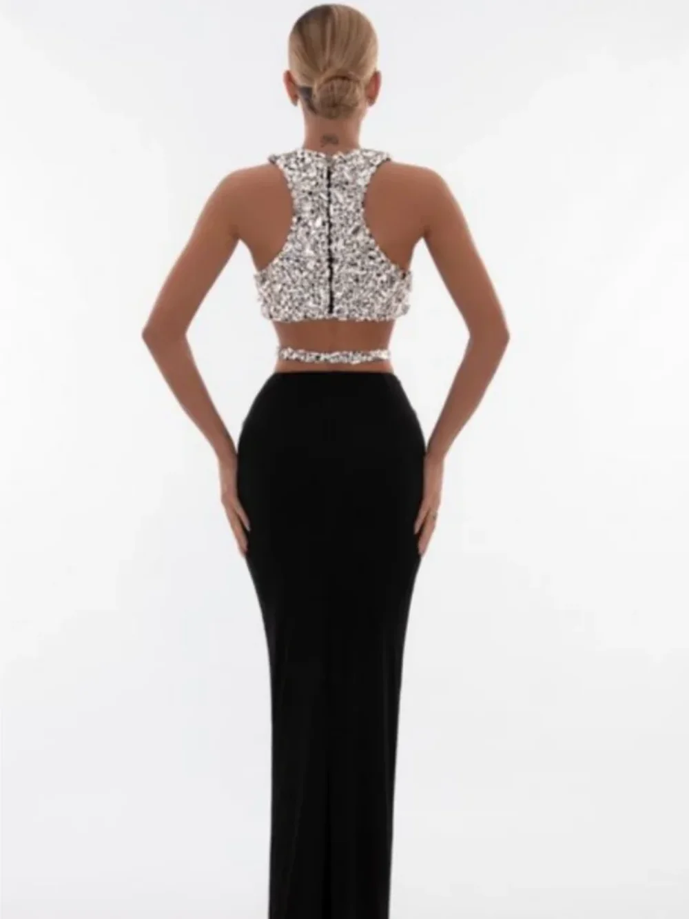 Modphy 2024 New Arrival Black Sparkly Crystal Crop Top & Long Skirt Two-Piece Set Fashion Club Party Gowns Vestidos