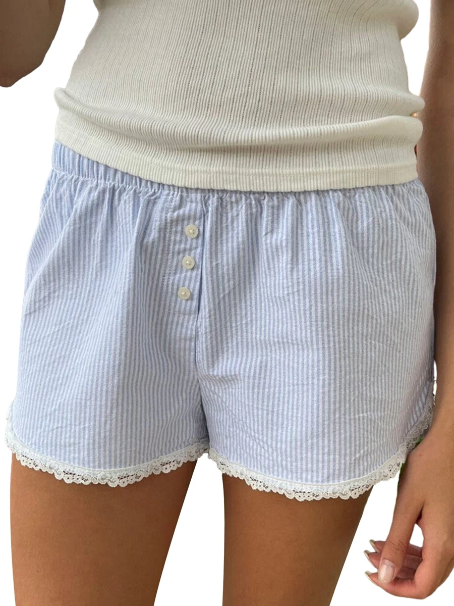 

2024 New Women’s Button Front Shorts Casual Elastic Waist Lace Trim Striped Print Lounge Shorts Going Out Shorts