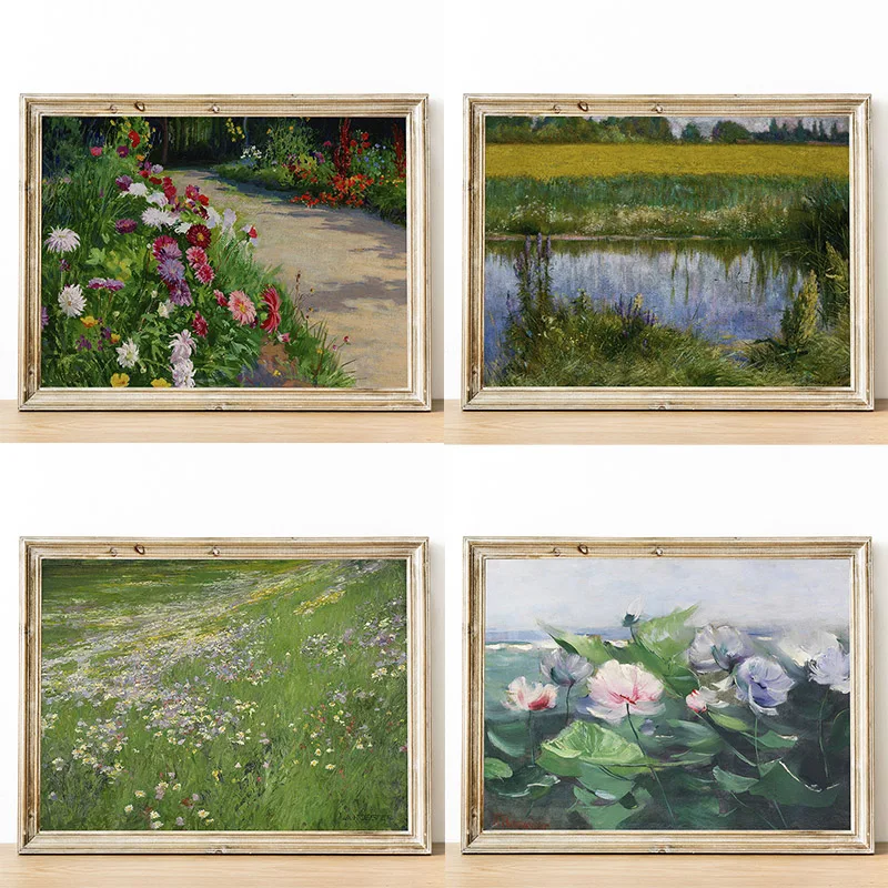 Affiche d'art sur toile, impressions murales, tableau de paysage champêtre avec jardin de fleurs d'été et sentier sur prairie, pour salon et décoration intérieure