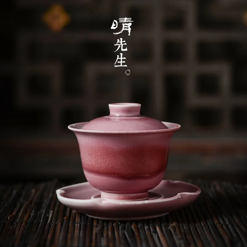 ★Handmade Plain Red Pink Tureen Large Jingdezhen Tea Cup Tea Set Ceramic Kung Fu White Porcelain Tea Making Gaiwan Tureen