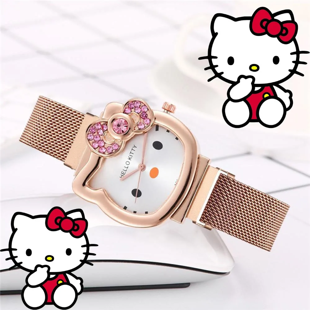 Часы Hello Kitty с бриллиантами, кошачий бант, кавайные розовые женские золотые, серебряные металлические украшения, магнитные часы с героями мультфильмов, подруга, день рождения