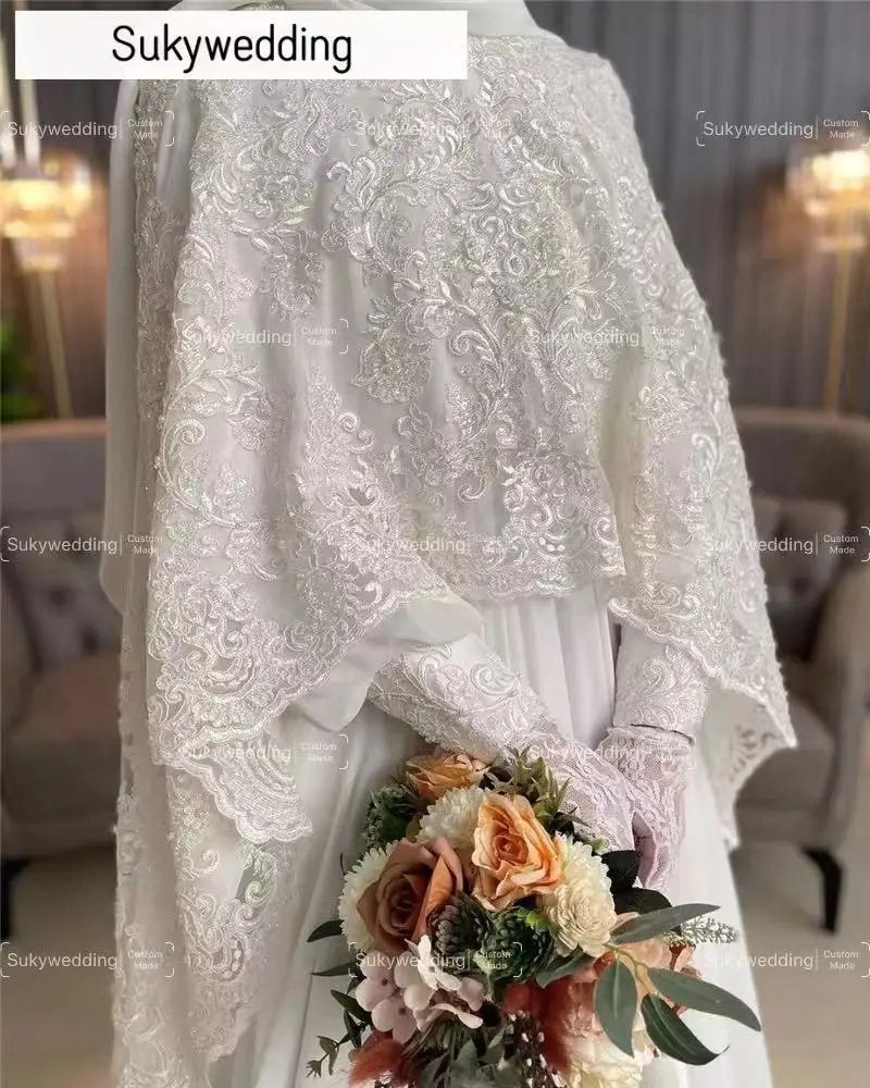 Vestido de novia Hijab musulmán de moda con capa de encaje apliques de gasa de manga larga vestido de novia árabe de Dubái Vestidos personalizados