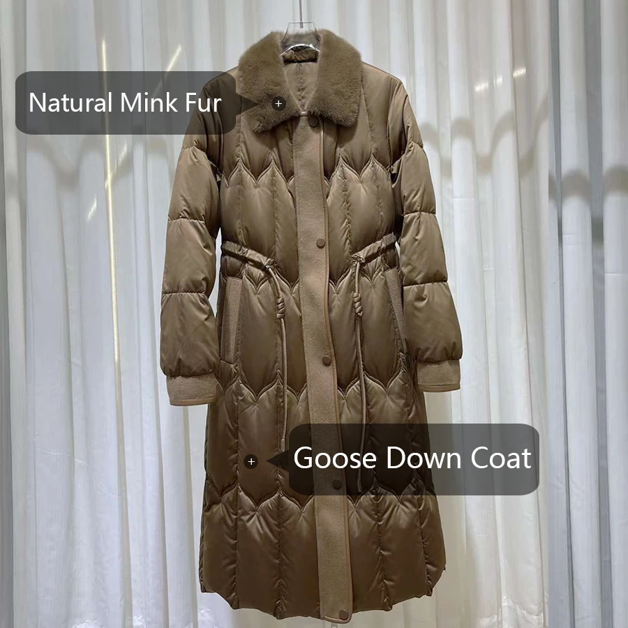 Doudoune longue en fourrure véritable pour femme, veste en duvet d'oie avec fourrure, vison naturel, combinaison d'hiver, luxe, 2024