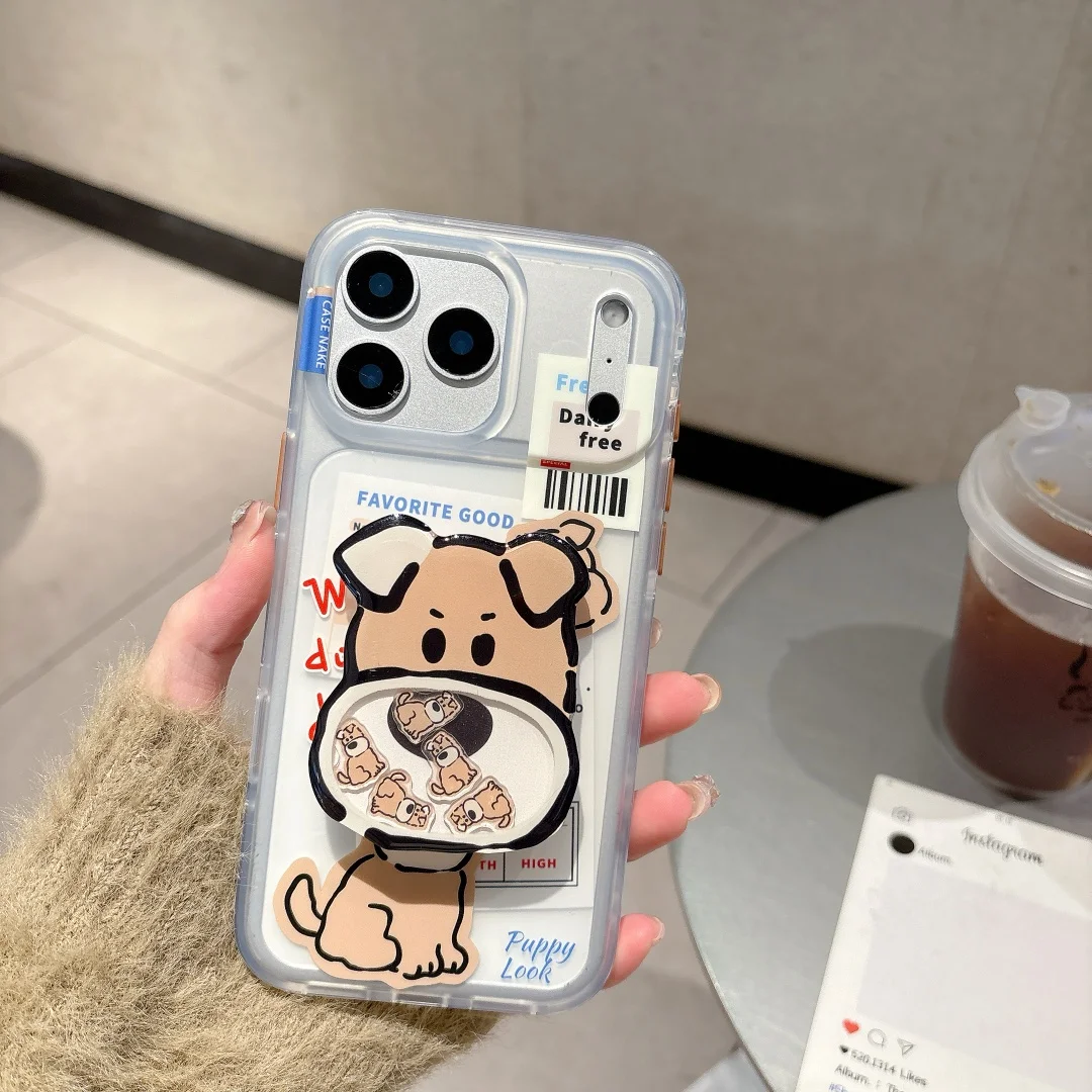 

INS Korean Cute English labels Dog Card Hold stand Holder Phone Case For iPhone 17 16 15 14 13 Pro Max Plus Case Cover﻿﻿