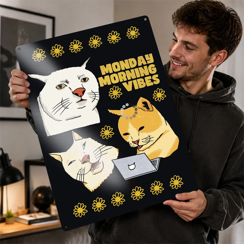 Monday Morning Cat Mood Collage Printed Poster Cartoon Wall Art For Bedroom Customized Aluminum Metal Sign Housewarming Gift