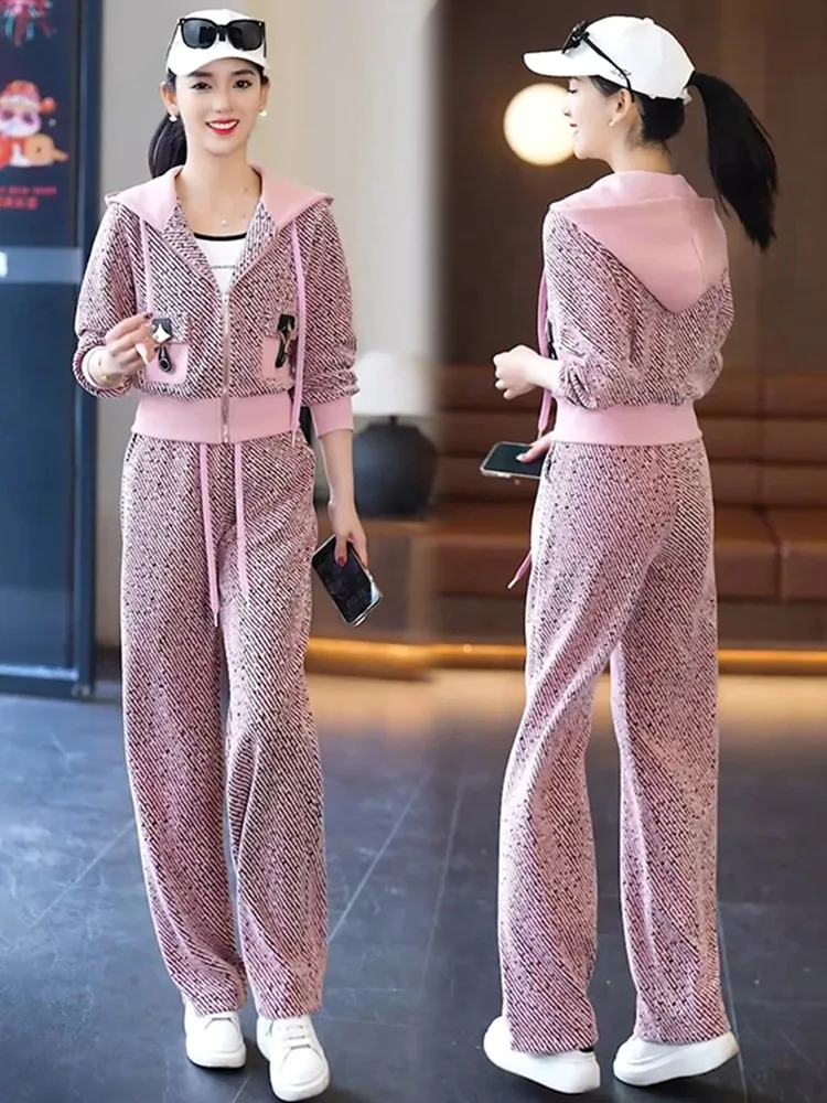 Fashion Elegant Women Zipper Stripe Sports Suits Hooded Jacket Wide Leg Pants Running Tracksuit Two Piece Set Autumn New Female