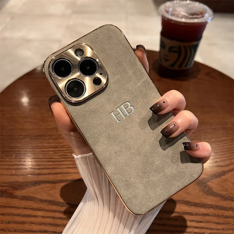Personalized Customized Initials Name Case For Iphone 11 12 13 14 15 16 Pro Max Plating Electroplated Frame Lambskin Cover