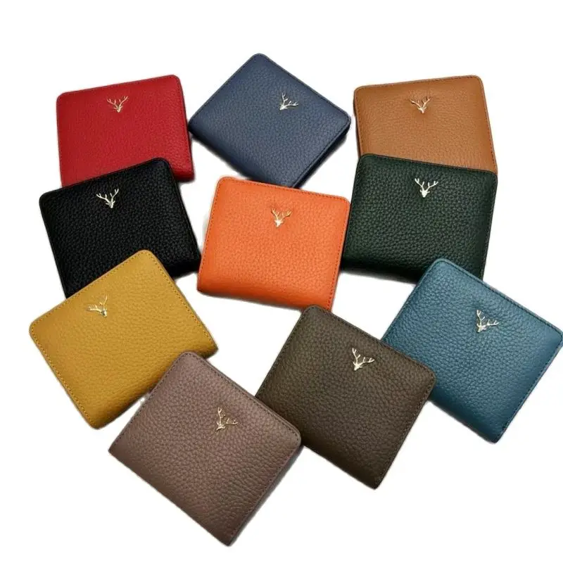 Mini portefeuille en cuir de vachette pour femme, sac à main court, ultra fin, chic, Noël, bouton cerf, porte-cartes en cuir véritable, 100% peau de vache