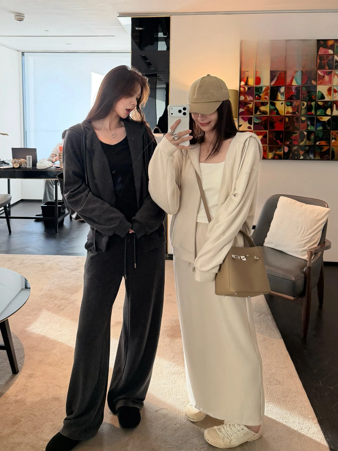 

Женский повседневный костюм EKOOL: худи на молнии и брюки с высокой талией, прямого кроя, весенний модный комплект из двух предметов