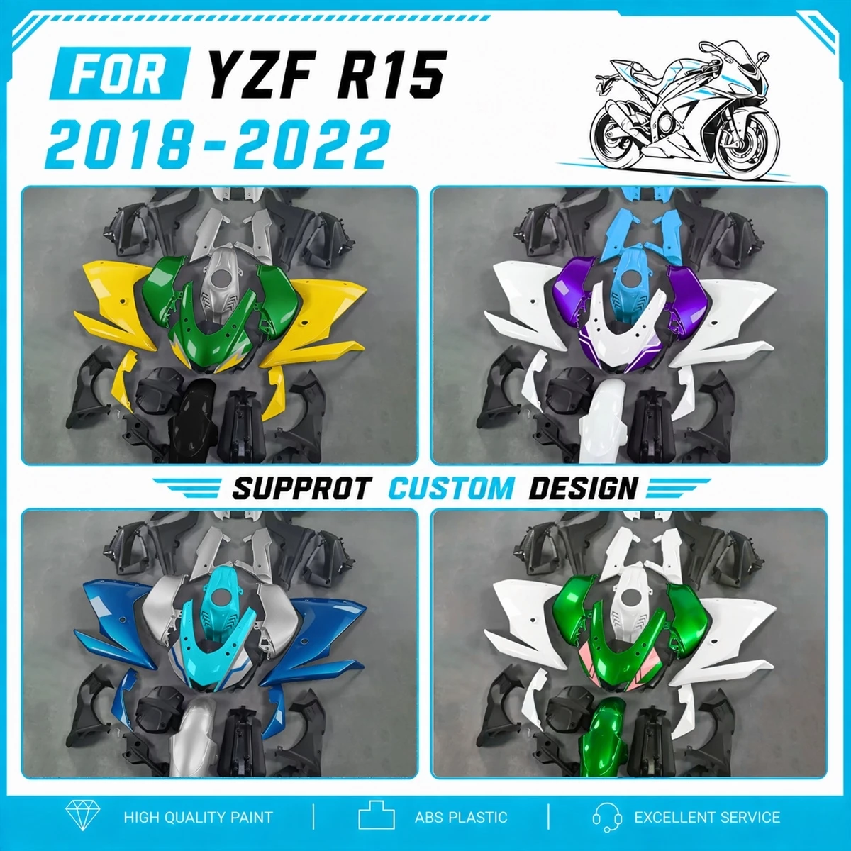 Factory Style Motorcycle Plastics Pre-Drilled ABS Fairings Designed for YZFR15 YZF R15 2018-2022 18-22 Fairing Set