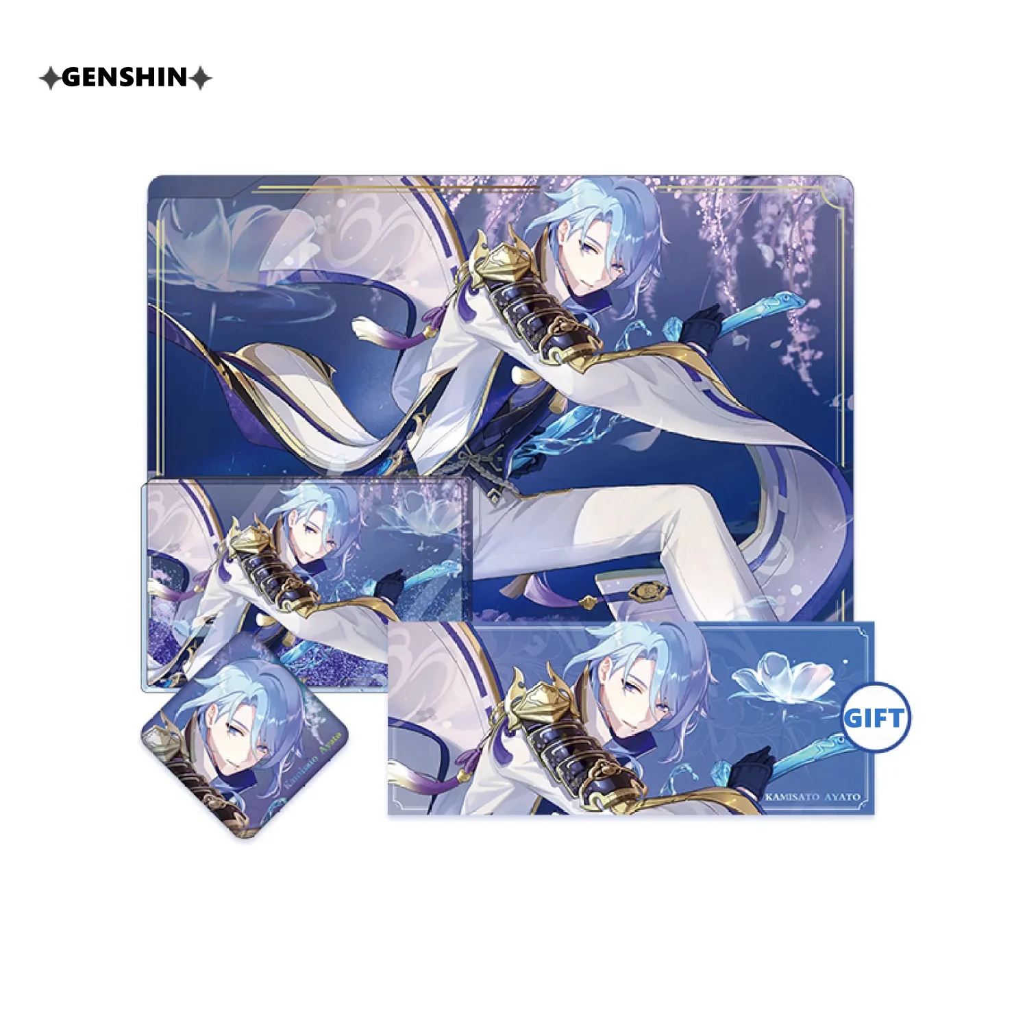 [Genuine] Anime Cosplay Game Genshin Impact Kamisato Ayato 2023 Offline Exhibition Set Metal Badge Acrylic Ornament Folder Gifts